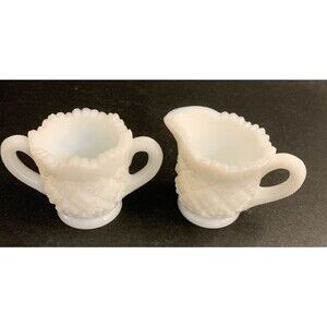 Vintage Miniature Creamer And Sugar Milk Glass Saw Tooth Rims